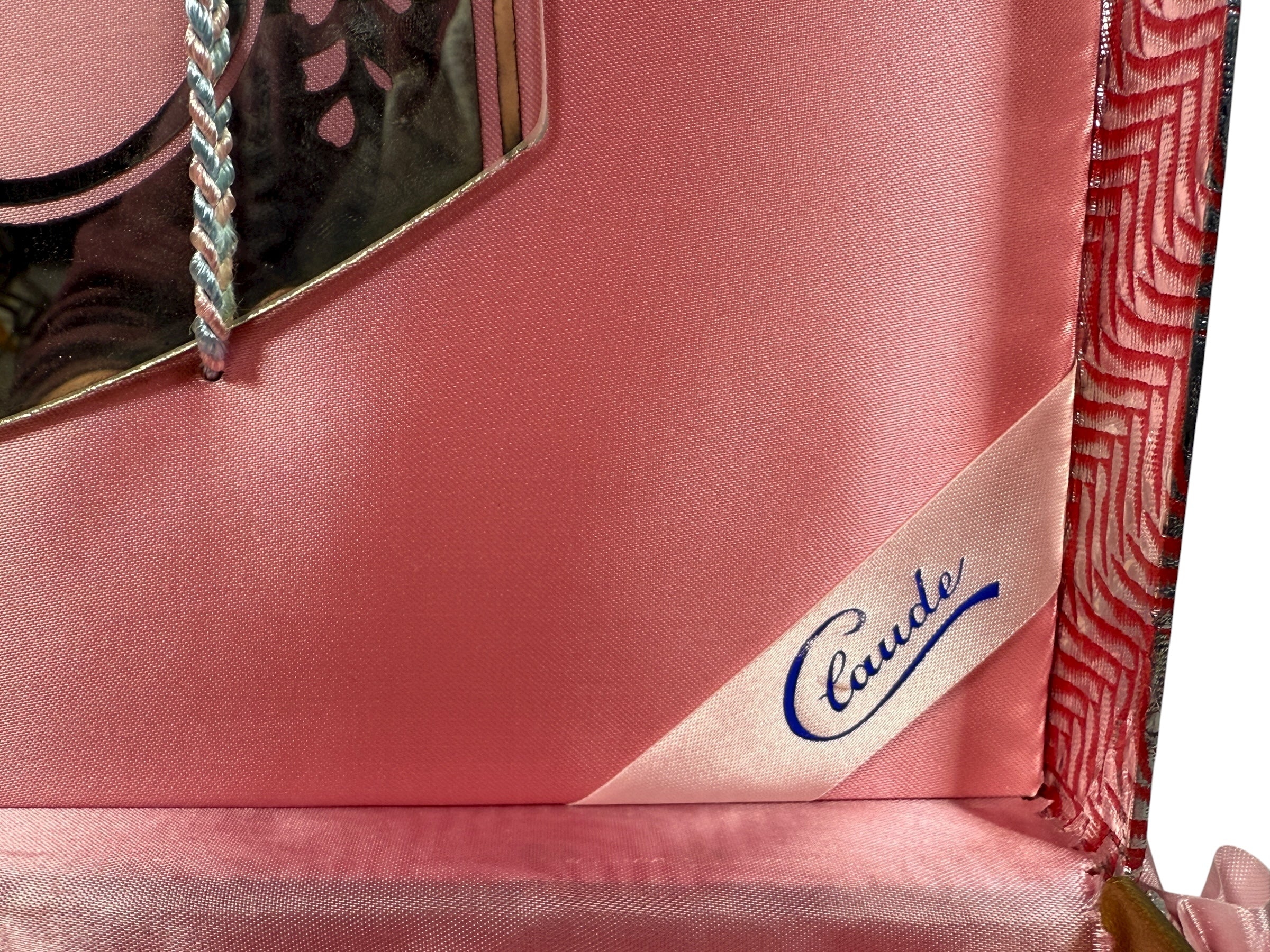 Vintage Claude Vanity Set – 3-Piece Mirror, Brush & Comb – Original Pink Satin Box (c.1950s–60s)