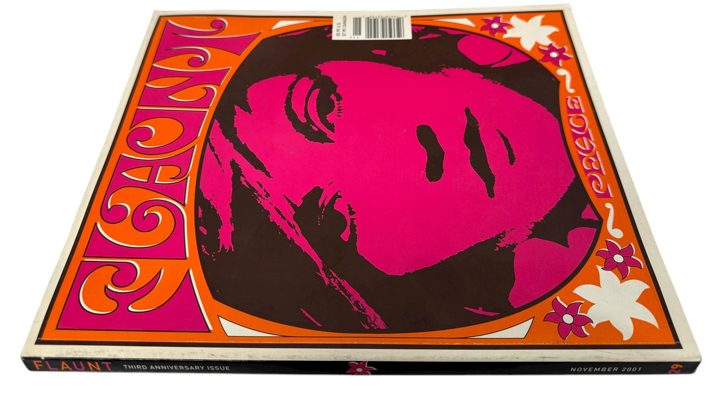 Flaunt Magazine Nov 2001 Drew Barrymore cover “Peace” Third Anniversary Issue. Bold psychedelic design, collectible pop-culture magazine VG condition