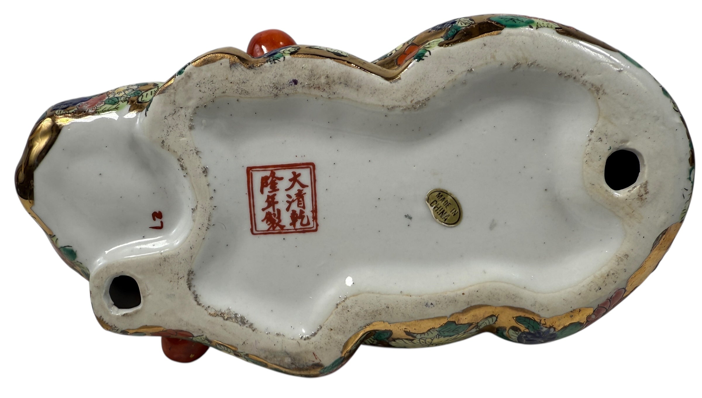 Hand Painted Asian Porcelain Sleeping Cat – Floral Gilt Decor