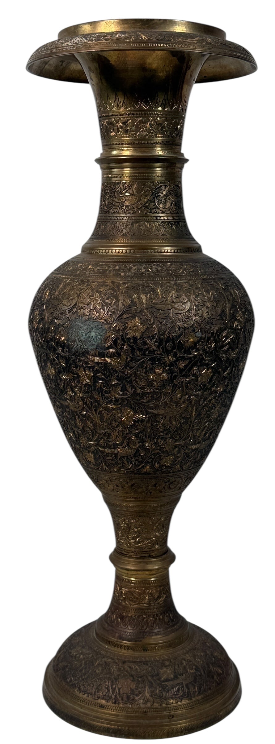 Vase indien vintage en laiton gravé à la main – 42 cm de haut – Oiseaux et fleurs