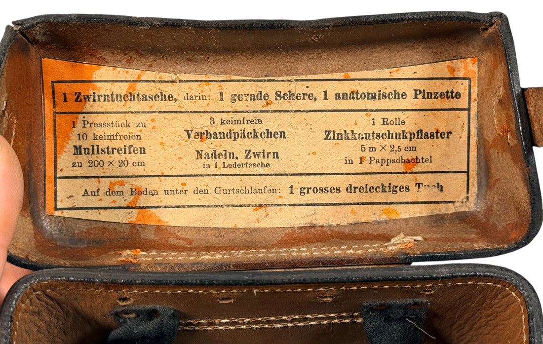 WWII German Leather Medical Pouch with Printed Contents Label