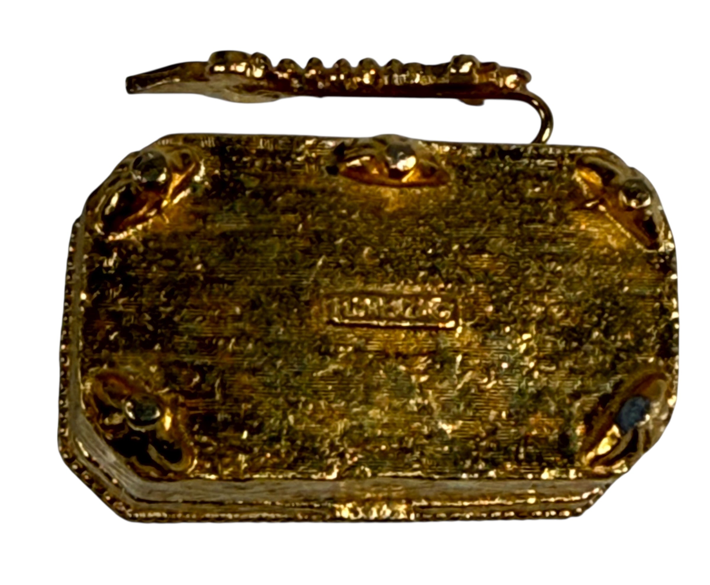 Boîte à pilules/bijoux vintage Florenza dorée ornée – cabochon bleu, fausses perles et fleurs en émail – années 1960