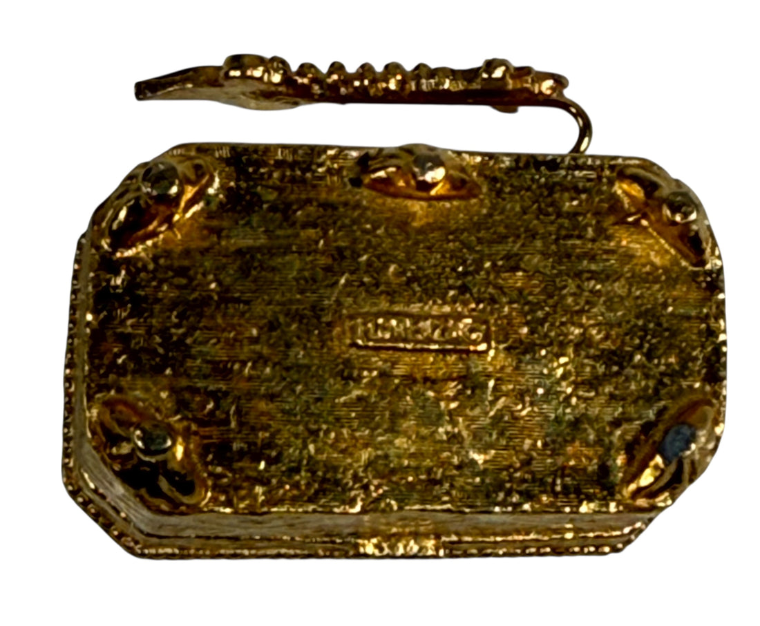 Boîte à pilules/bijoux vintage Florenza dorée ornée – cabochon bleu, fausses perles et fleurs en émail – années 1960