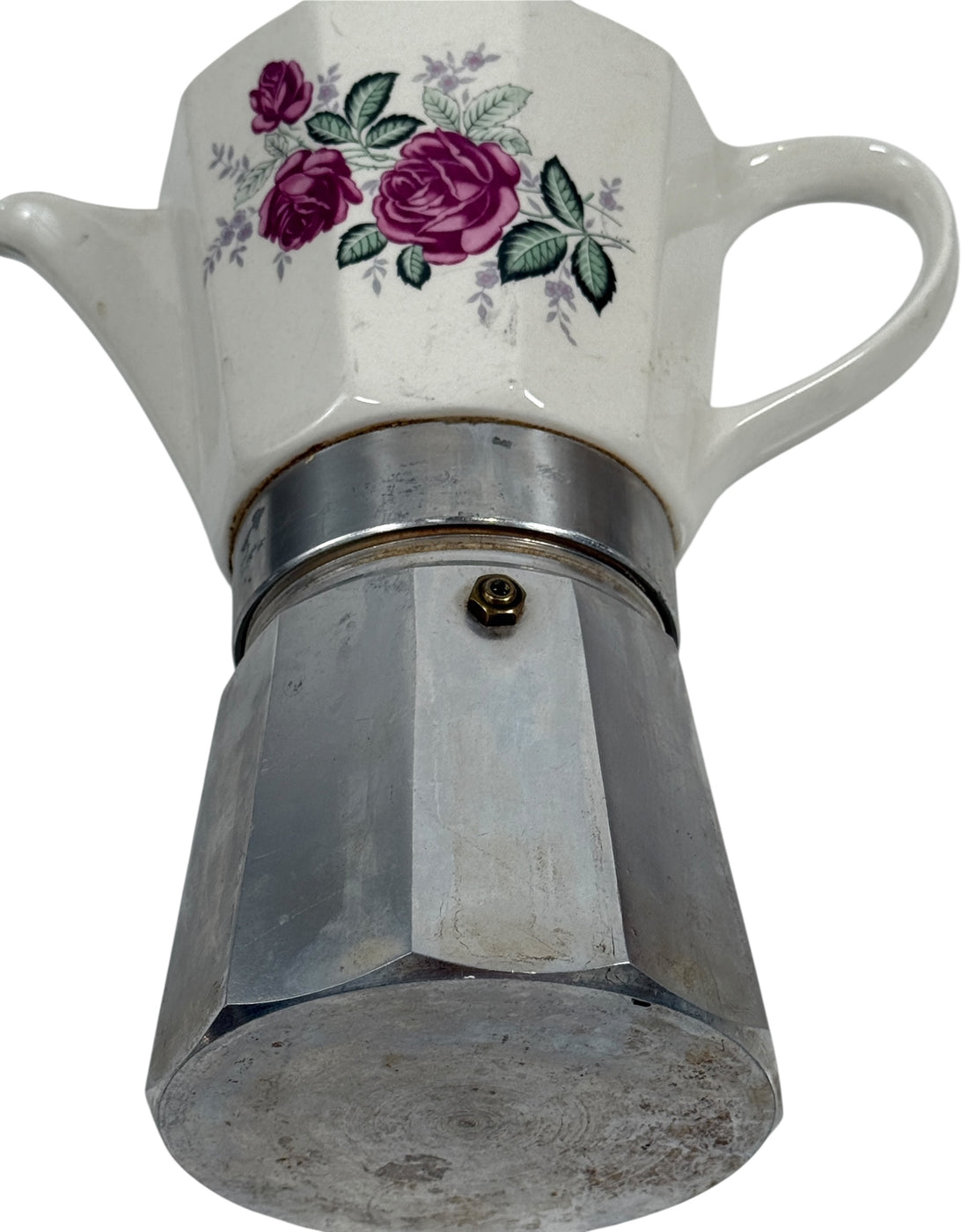 Cafetière italienne vintage avec couvercle en porcelaine et motif rose violette