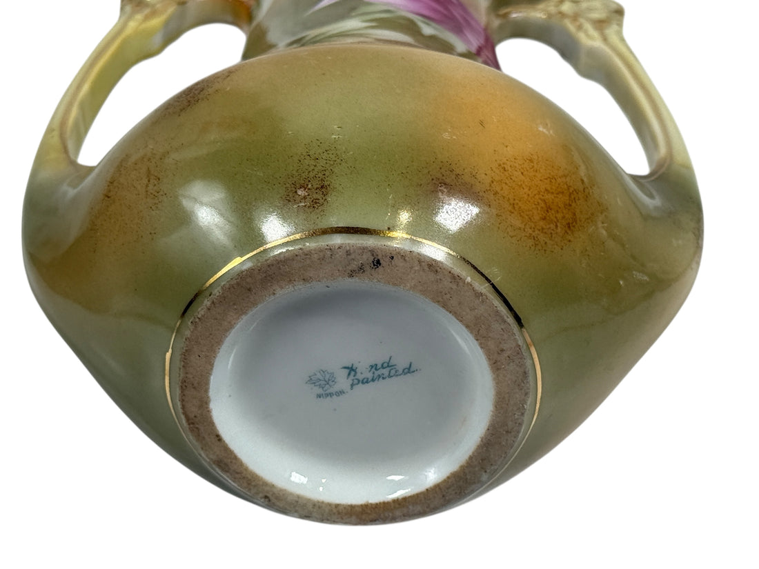 Vase antique japonais peint à la main de 20 cm, motif feuille d'érable, roses dorées