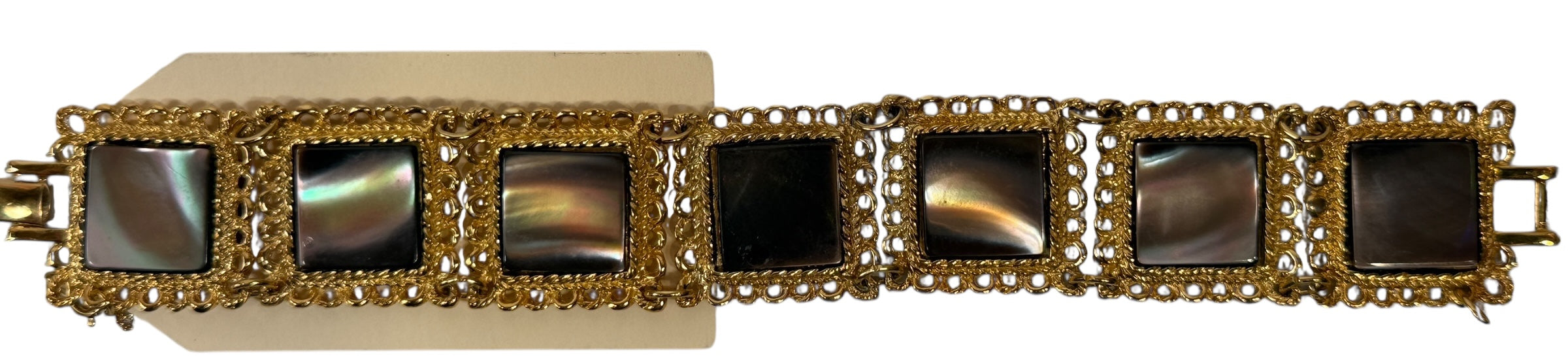 Vintage Gold-Tone Bracelet – Shell Inlay, Ornate Panels, 1960s