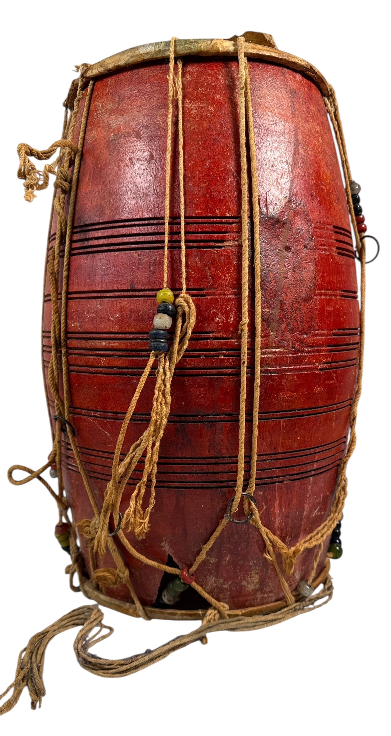 Vintage Handmade Indian Dholak Barrel Drum – Red Lacquer Finish, Rope-Tuned
