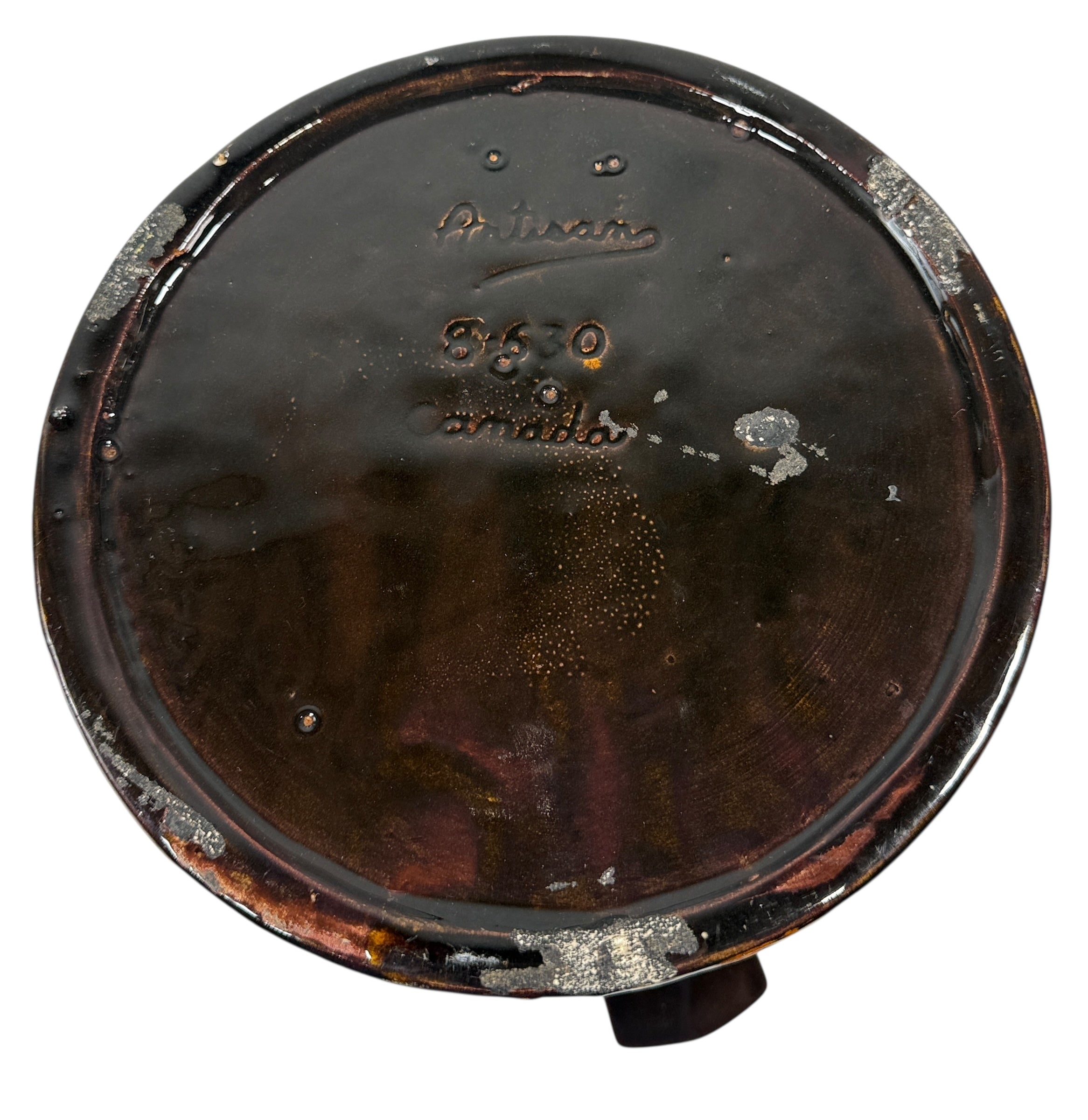 Artisan Pottery Bean Pot with Lid – Canadian Stoneware, Brown Drip Glaze, Marked 8630