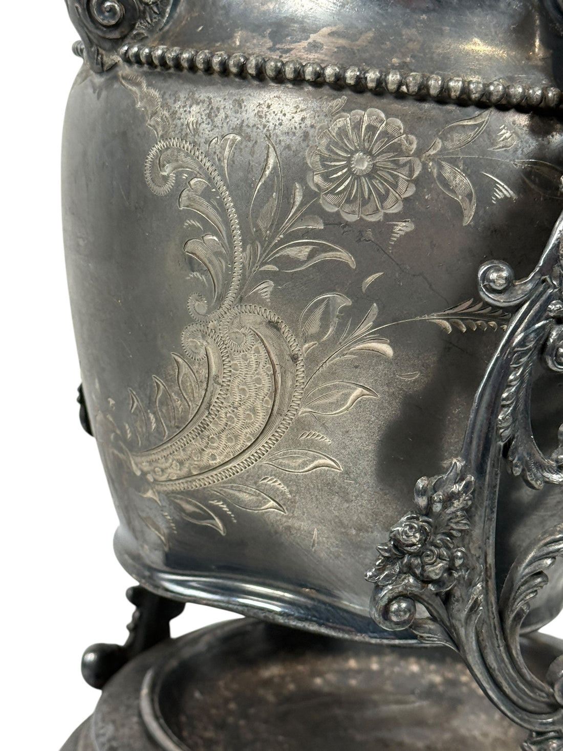 Bouilloire inclinable victorienne en métal argenté sur pied – Gravure florale, Toronto, Canada