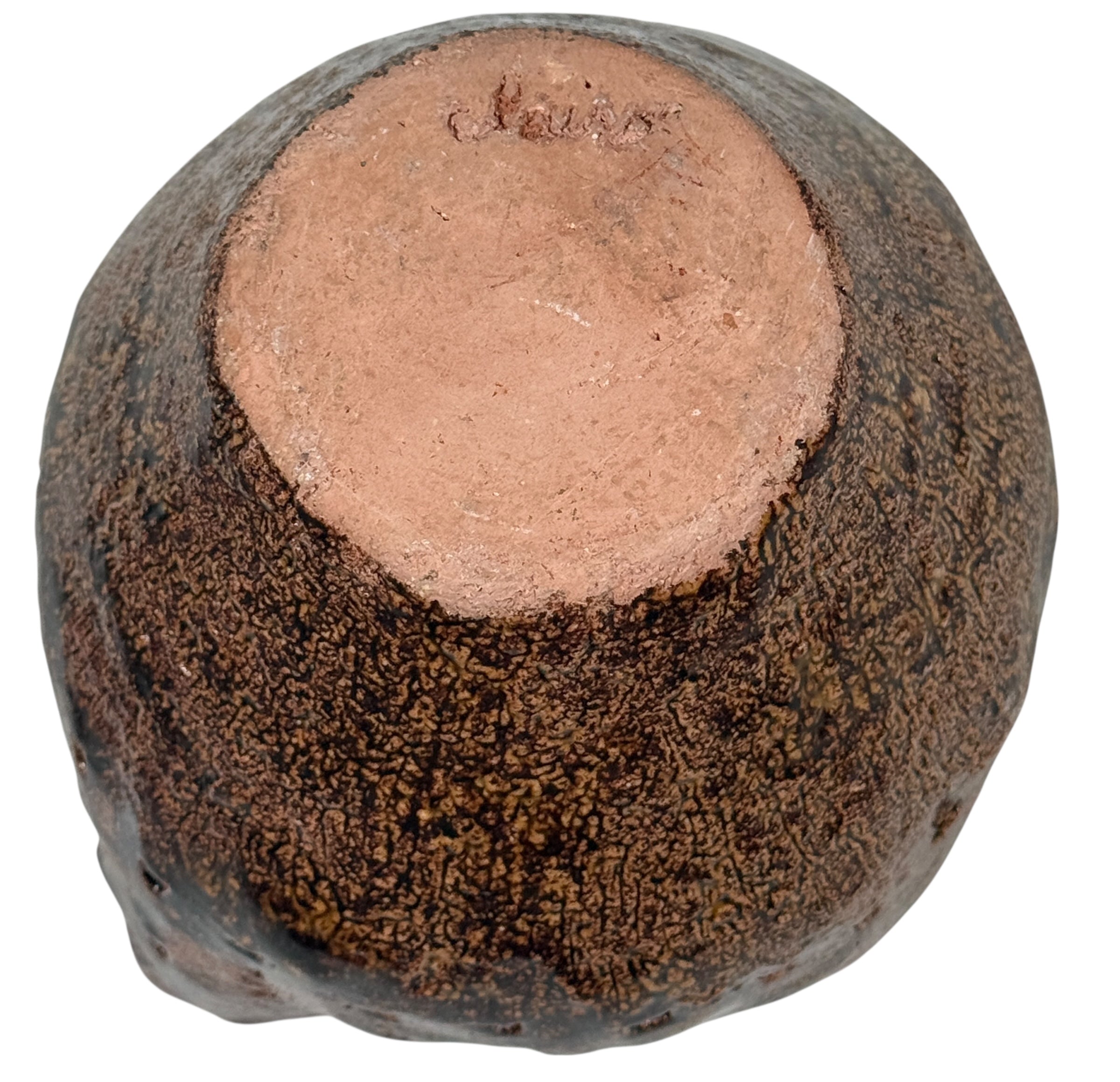 Vintage Canadian Studio Pottery Vase – Signed Claire, Textured Brown with Red Drip Glaze