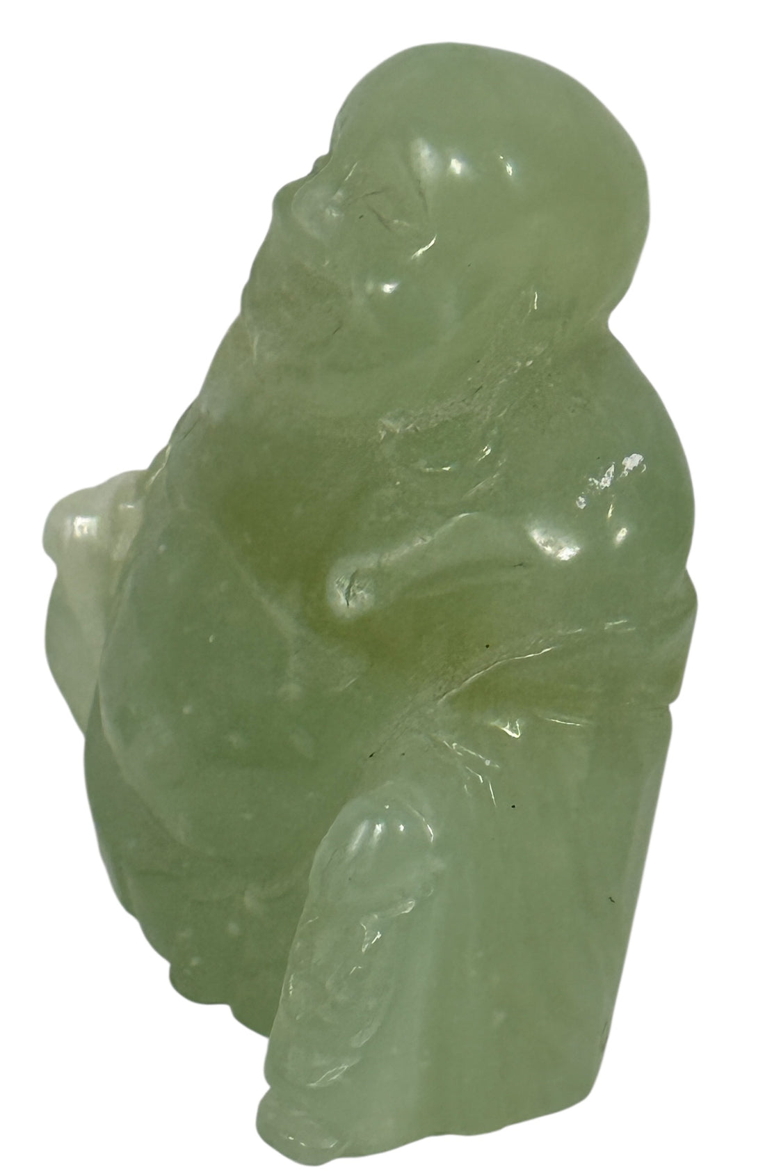 Figurine de Bouddha rieur vintage en pierre verte sculptée – Minéral froid au toucher – Probablement de la néphrite ou de la stéatite