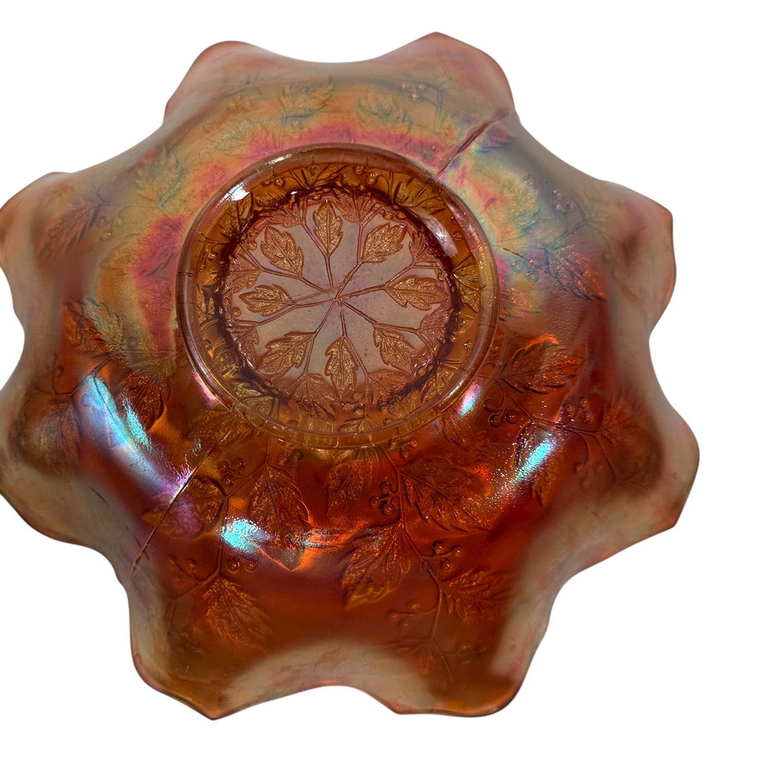 Vintage Fenton Marigold Carnival Glass Ruffled Bowl – Leaf & Berry Pattern