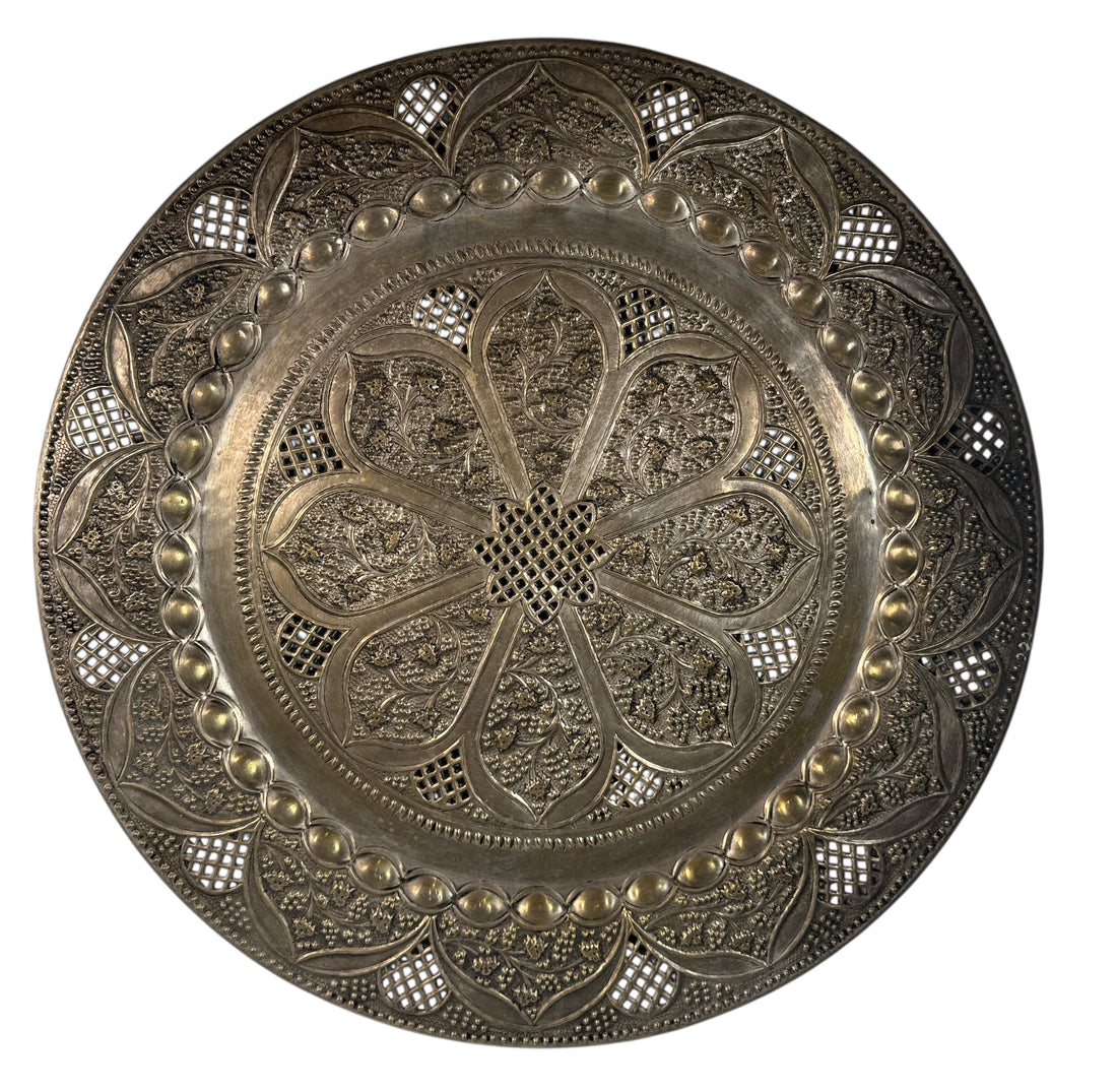 Vintage Solid Brass Tray – 24” Indian Hand-Chased Pierced Design
