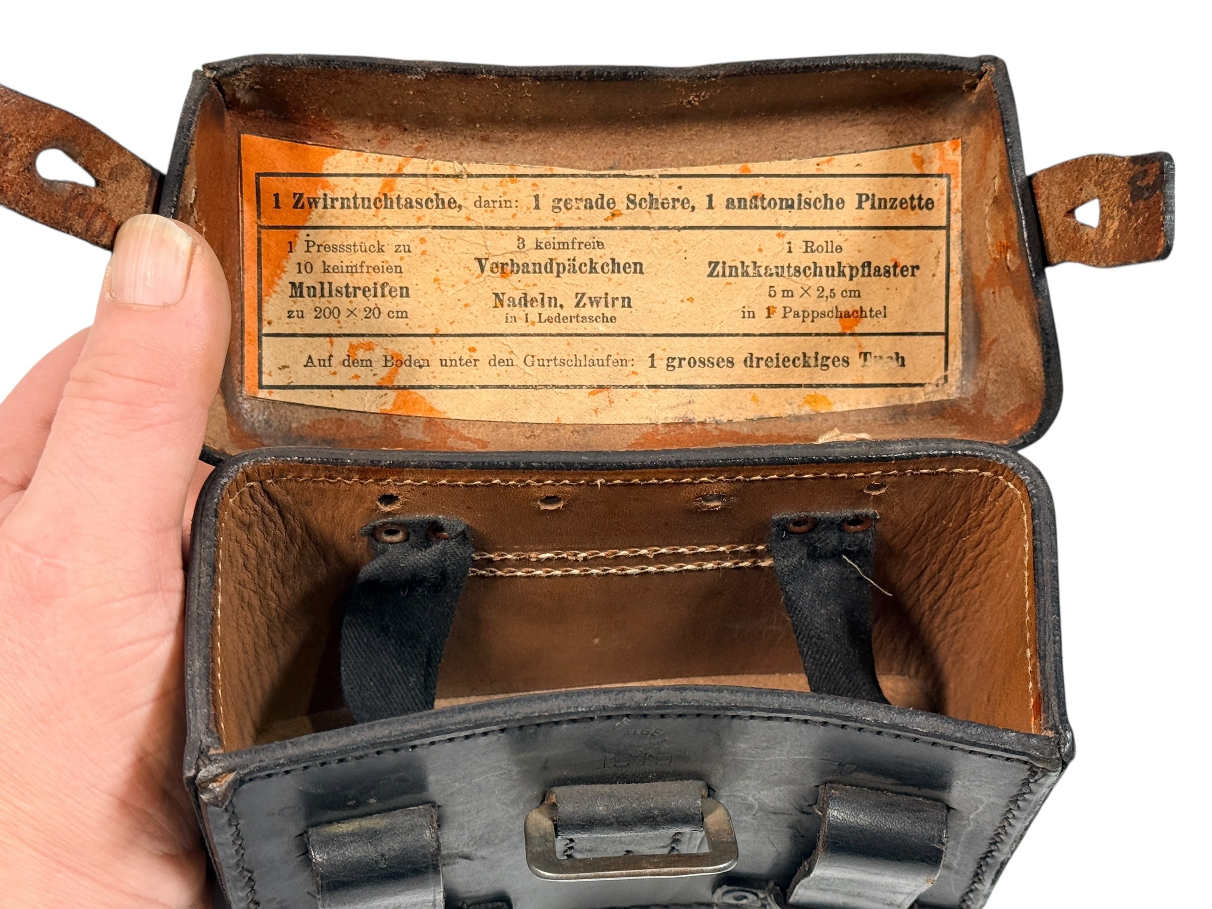 WWII German Leather Medical Pouch with Printed Contents Label