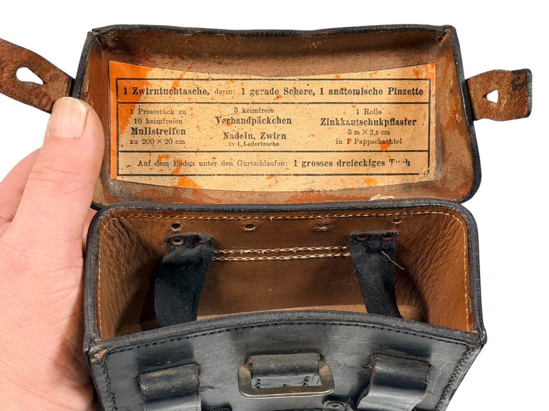WWII German Leather Medical Pouch with Printed Contents Label