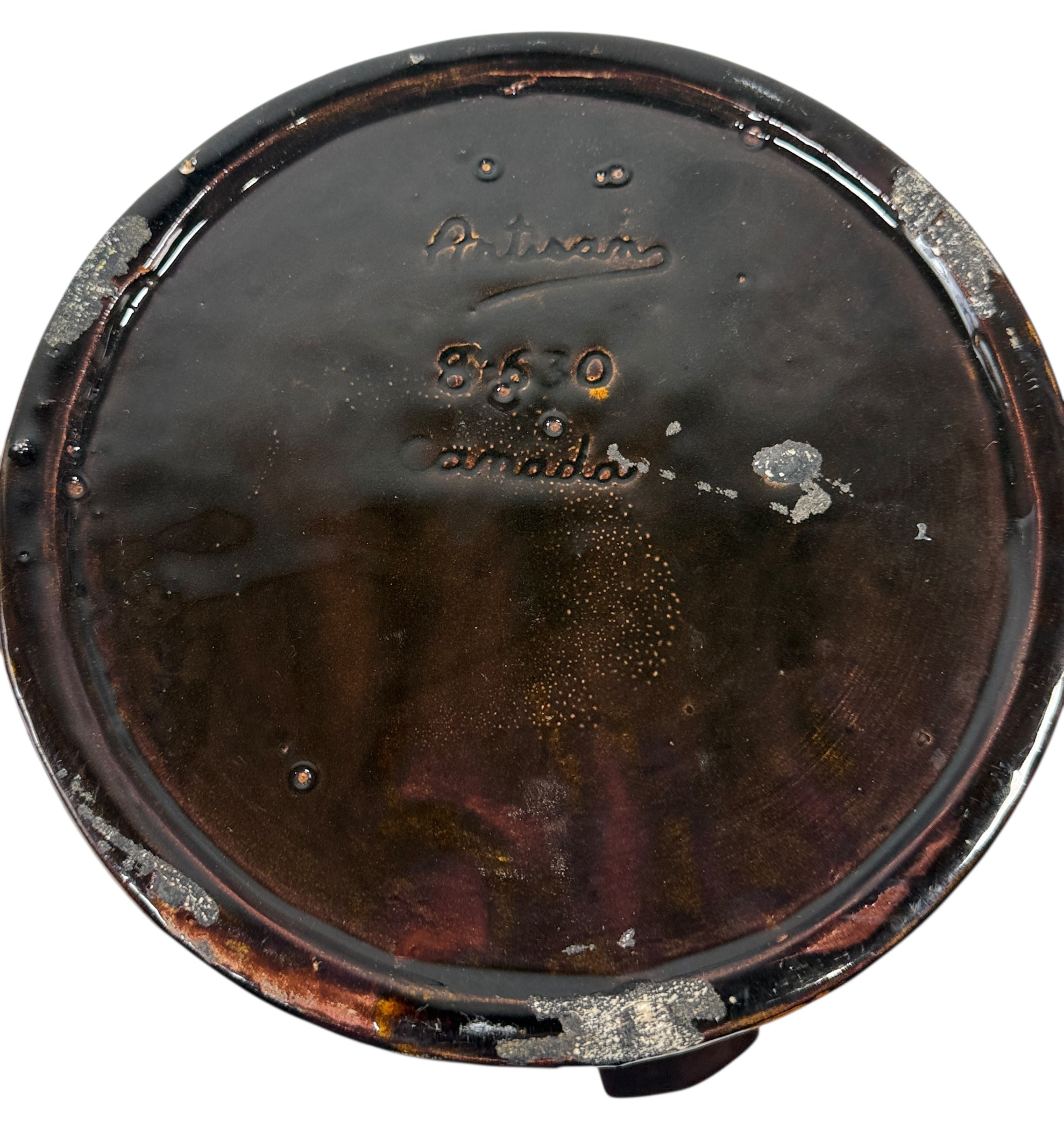 Artisan Pottery Bean Pot with Lid – Canadian Stoneware, Brown Drip Glaze, Marked 8630