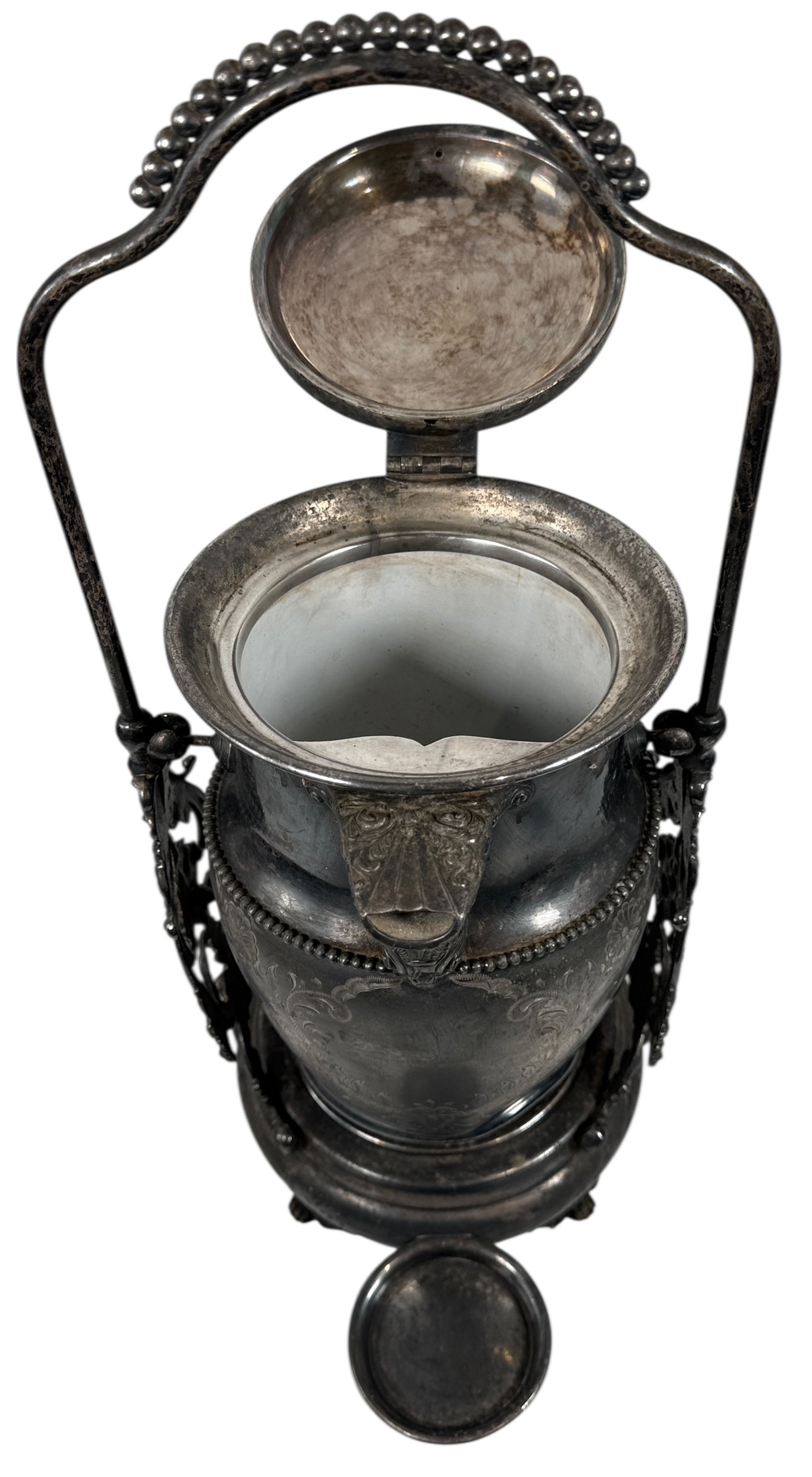 Bouilloire inclinable victorienne en métal argenté sur pied – Gravure florale, Toronto, Canada