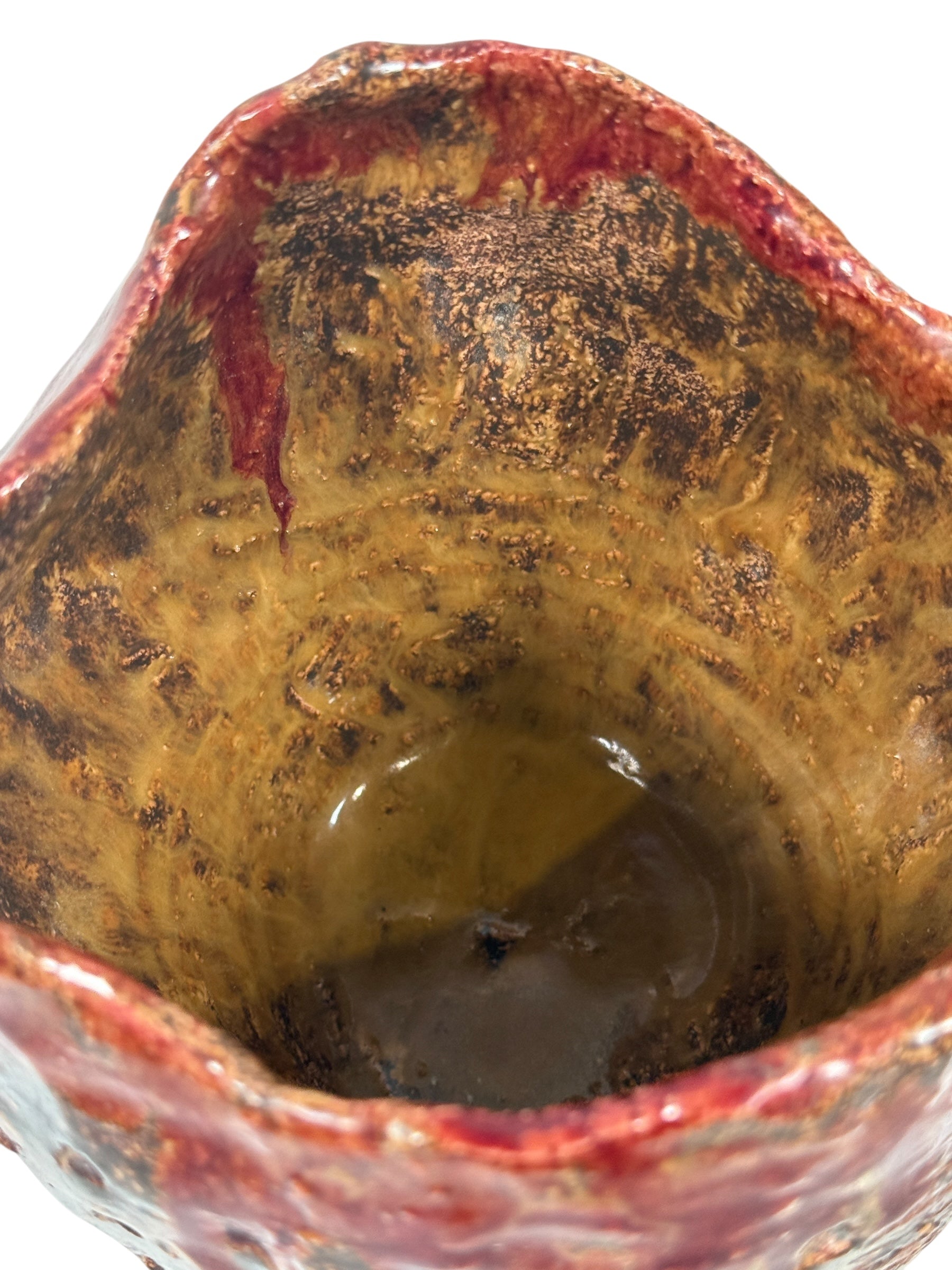 Vintage Canadian Studio Pottery Vase – Signed Claire, Textured Brown with Red Drip Glaze