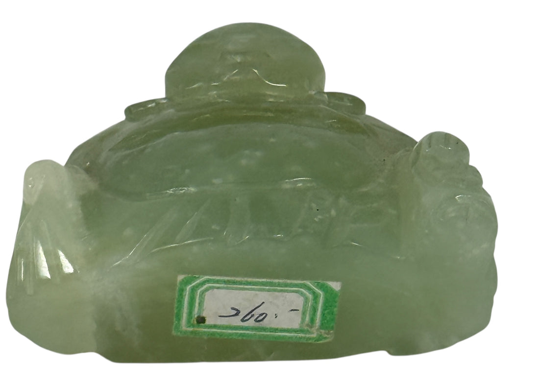 Figurine de Bouddha rieur vintage en pierre verte sculptée – Minéral froid au toucher – Probablement de la néphrite ou de la stéatite