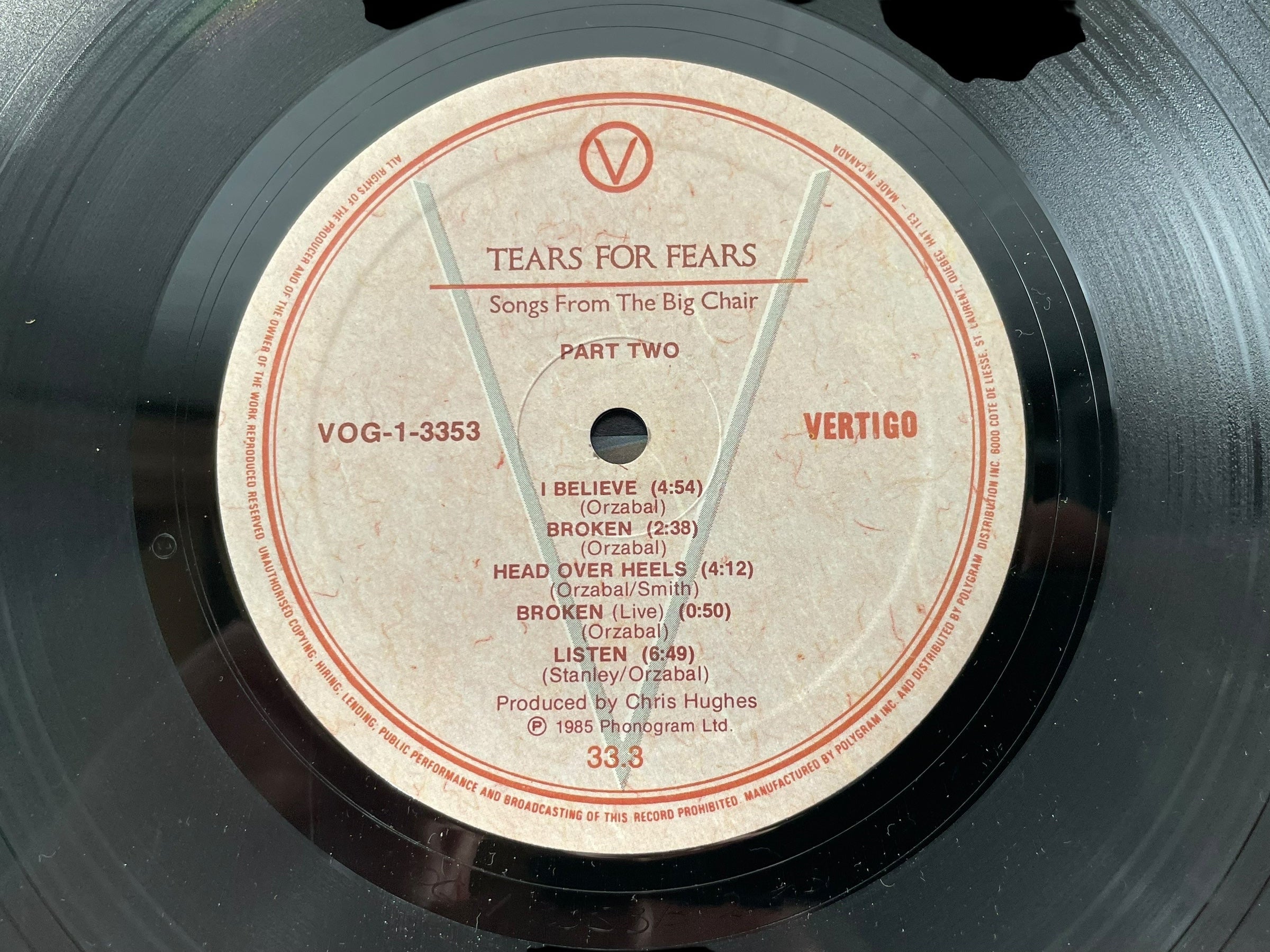 Tears for Fears – Songs from the Big Chair (1985 LP, Canada) Cover