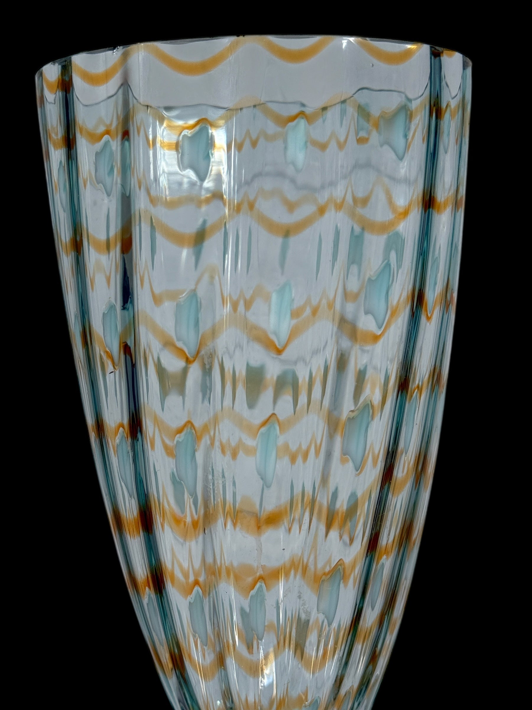 Large 15.5” Murano-Style Art Glass Vase – Gold & Enamel Optic Ribbed – Handblown Studio Glass