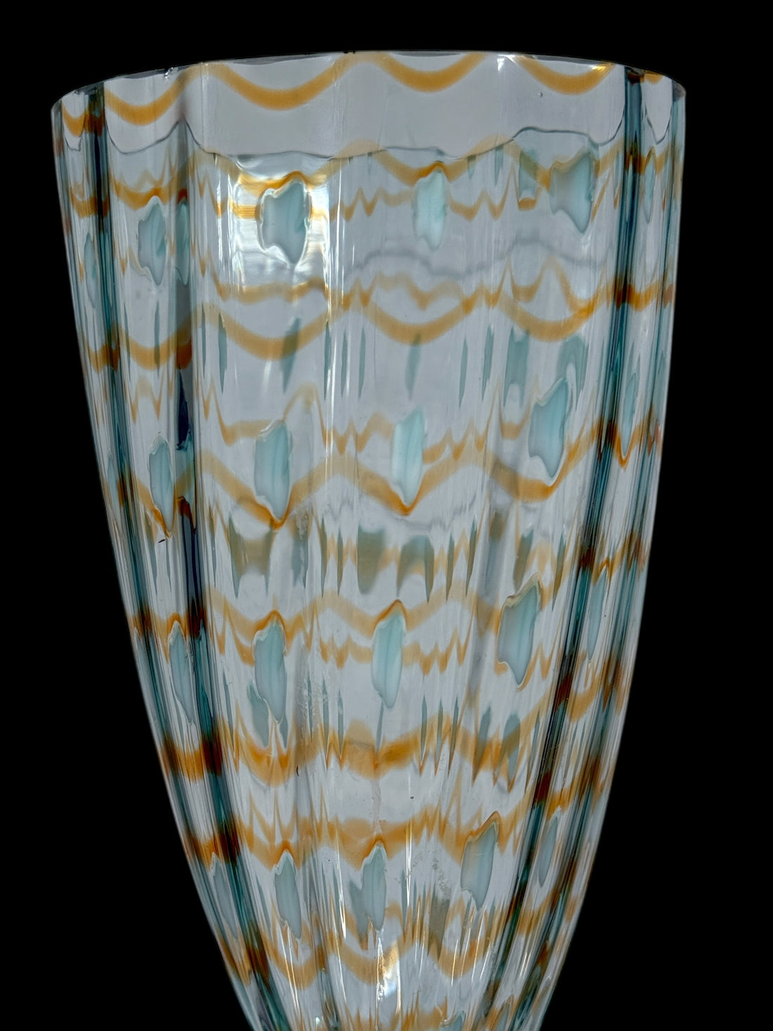 Large 15.5” Murano-Style Art Glass Vase – Gold & Enamel Optic Ribbed – Handblown Studio Glass