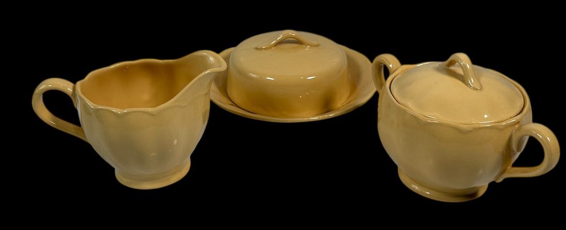 Vintage Grindley England “Laburnum Petal” Yellow Ceramic Set – Teapot, Creamer, Sugar, Covered Vegetable Bowl & Butter Dish