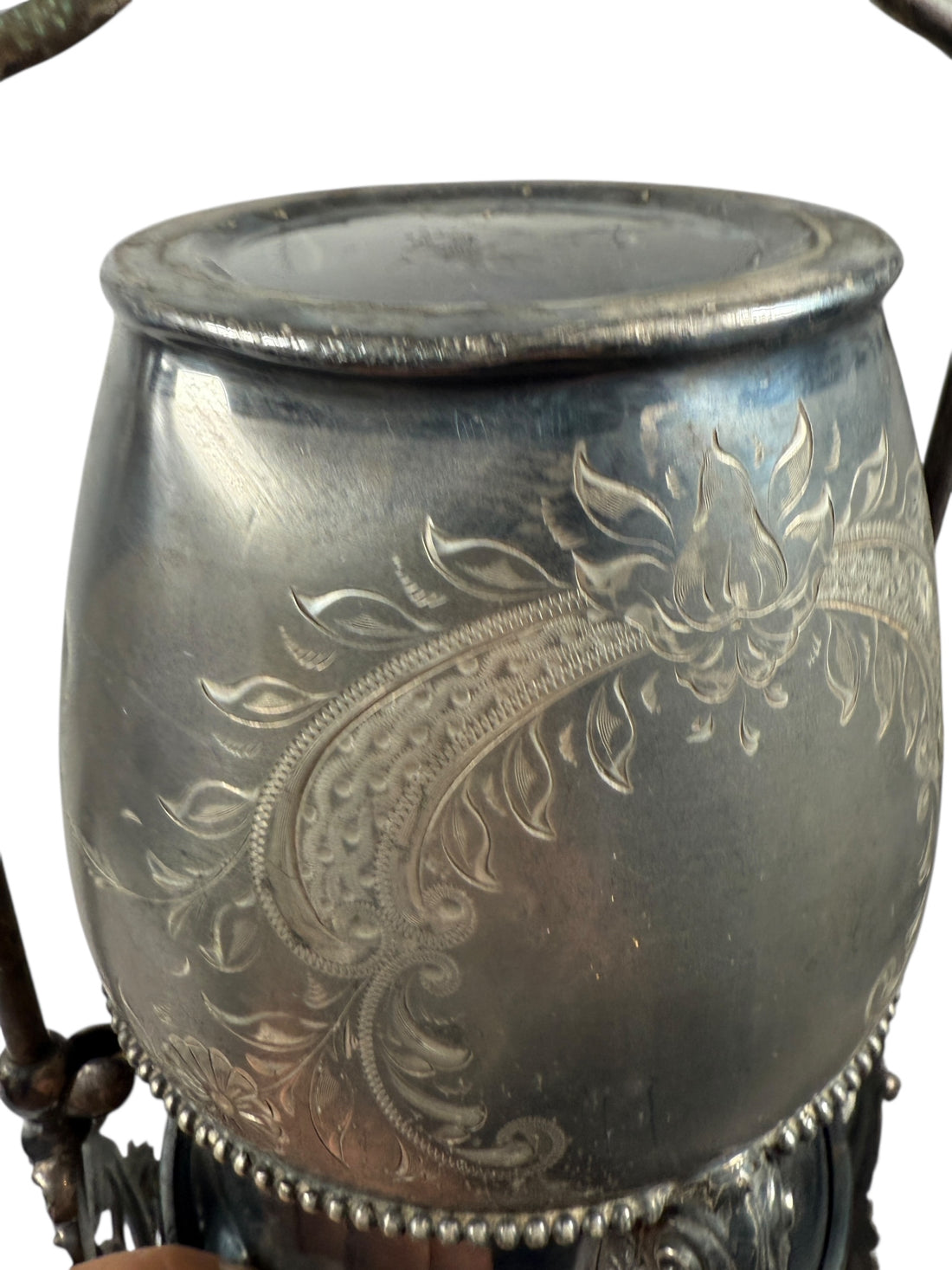 Bouilloire inclinable victorienne en métal argenté sur pied – Gravure florale, Toronto, Canada