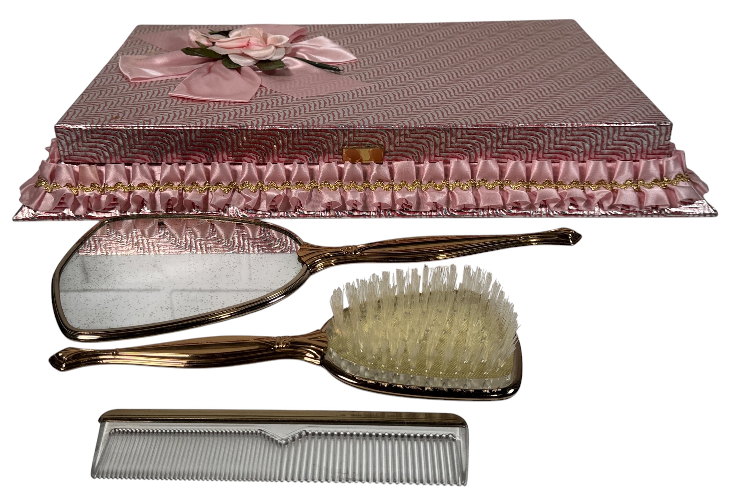 Vintage Claude Vanity Set – 3-Piece Mirror, Brush & Comb – Original Pink Satin Box (c.1950s–60s)