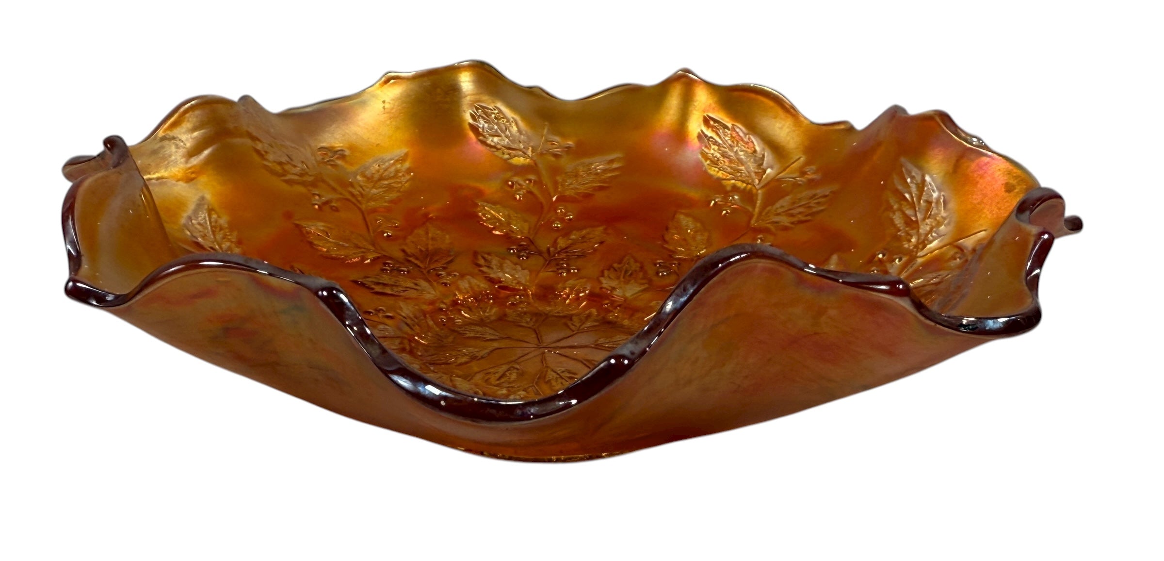 Vintage Fenton Marigold Carnival Glass Ruffled Bowl – Leaf & Berry Pattern