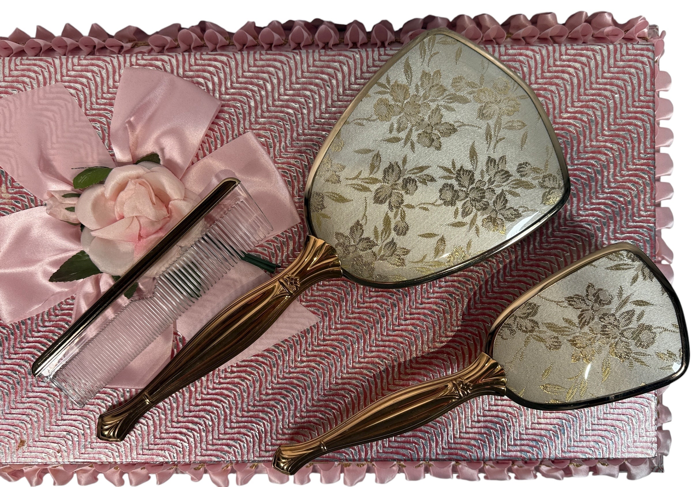 Vintage Claude Vanity Set – 3-Piece Mirror, Brush & Comb – Original Pink Satin Box (c.1950s–60s)