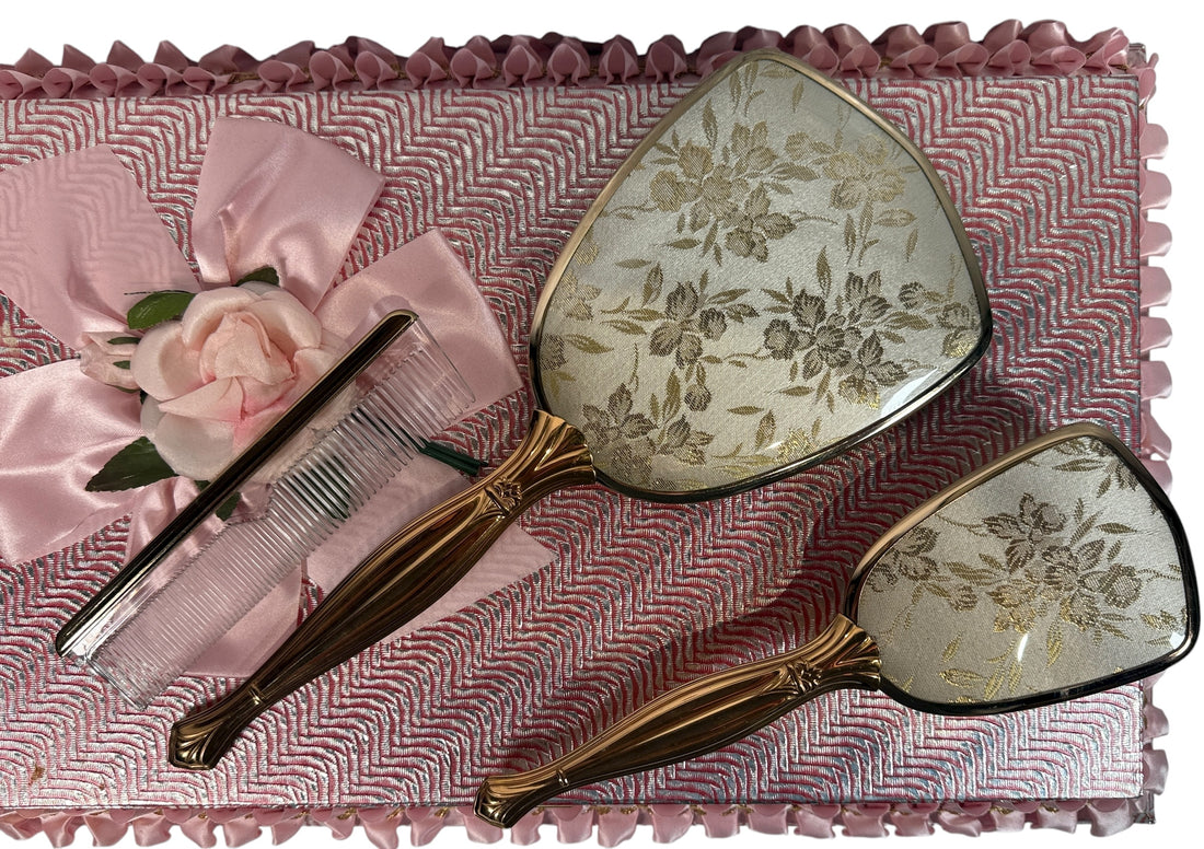 Vintage Claude Vanity Set – 3-Piece Mirror, Brush & Comb – Original Pink Satin Box (c.1950s–60s)