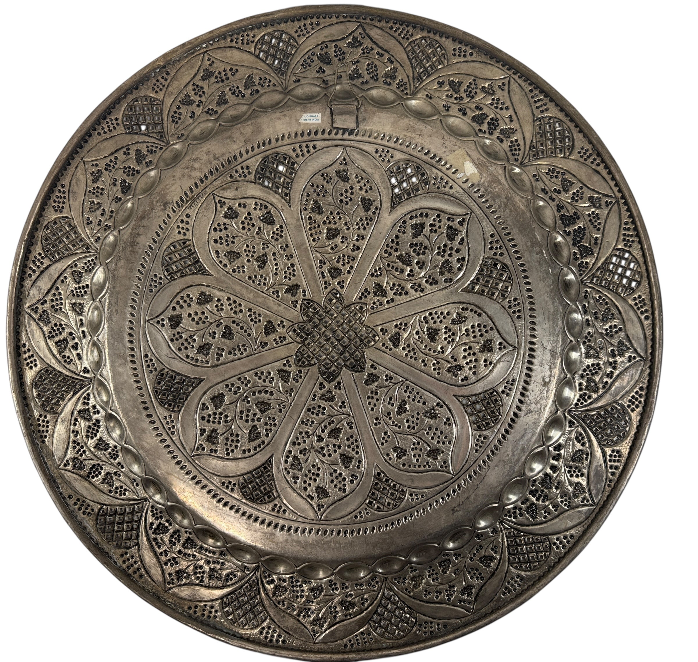 Vintage Solid Brass Tray – 24” Indian Hand-Chased Pierced Design