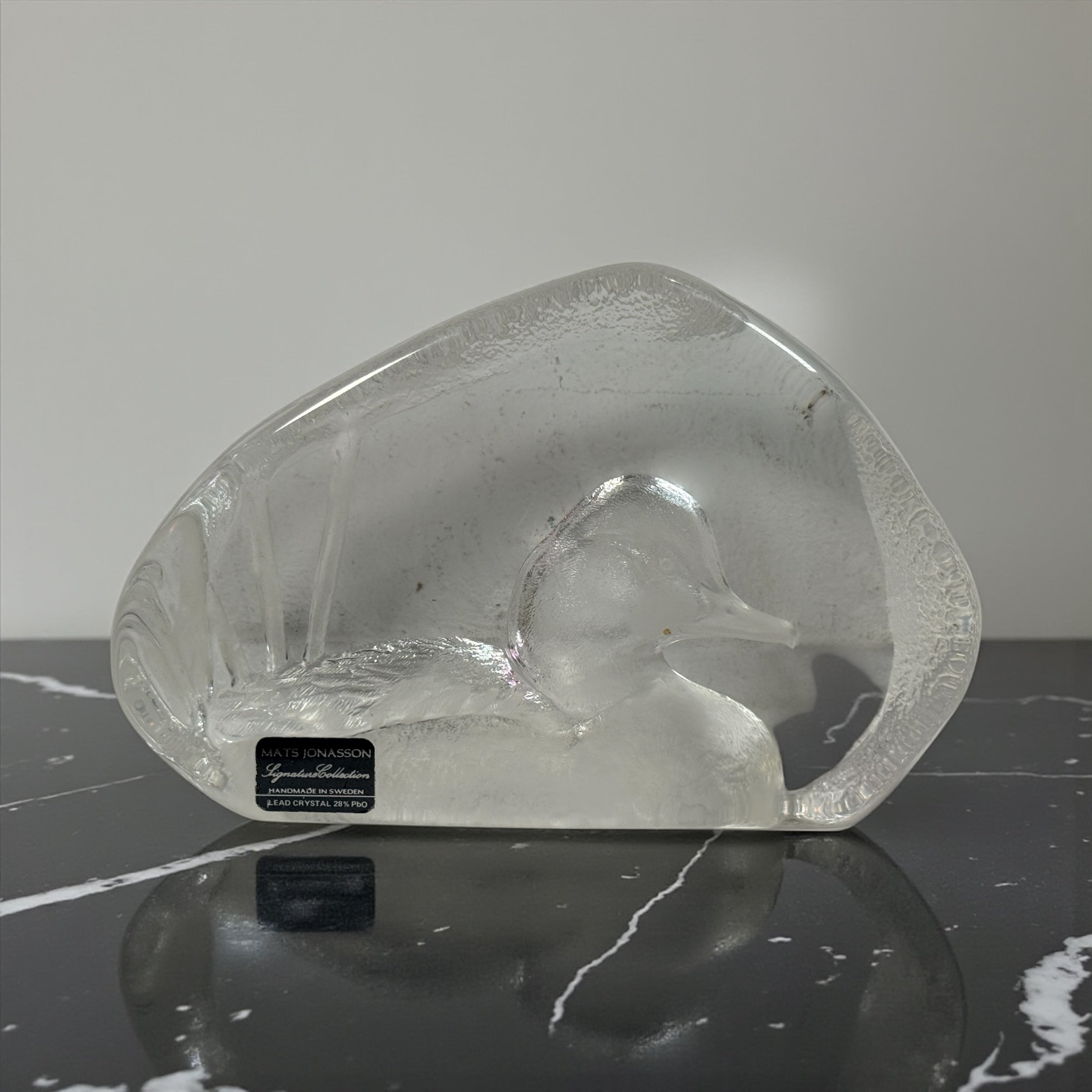 Vintage Mats Jonasson Swedish lead crystal duck paperweight. Heavy art glass wildlife sculpture with original label, collectible Scandinavian décor piece.