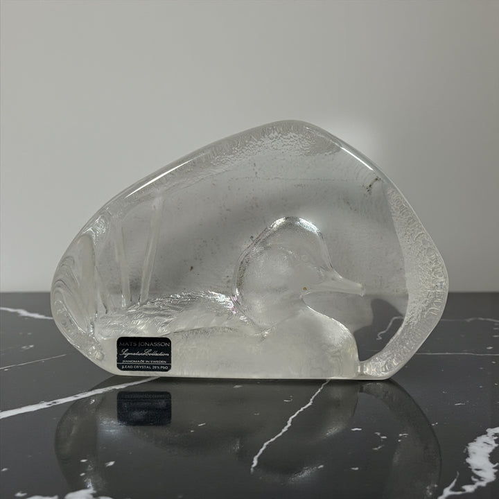 Vintage Mats Jonasson Swedish lead crystal duck paperweight. Heavy art glass wildlife sculpture with original label, collectible Scandinavian décor piece.
