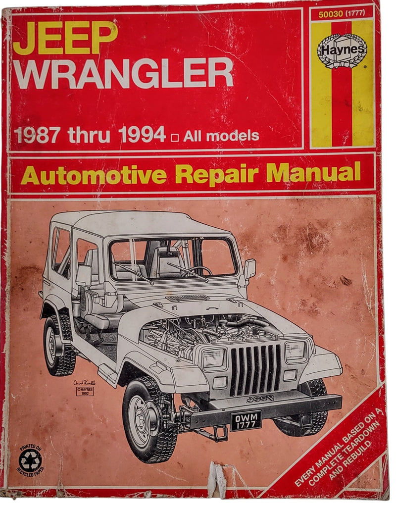 Haynes Automotive Repair Manual For Jeep Wrangler 1987-1994