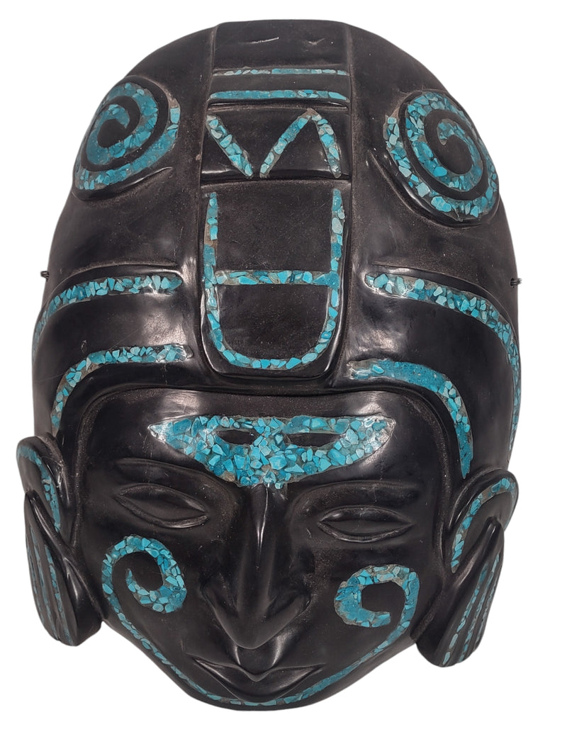 Aztek Hand Carved Mask, Obsidian & Tourquoise.