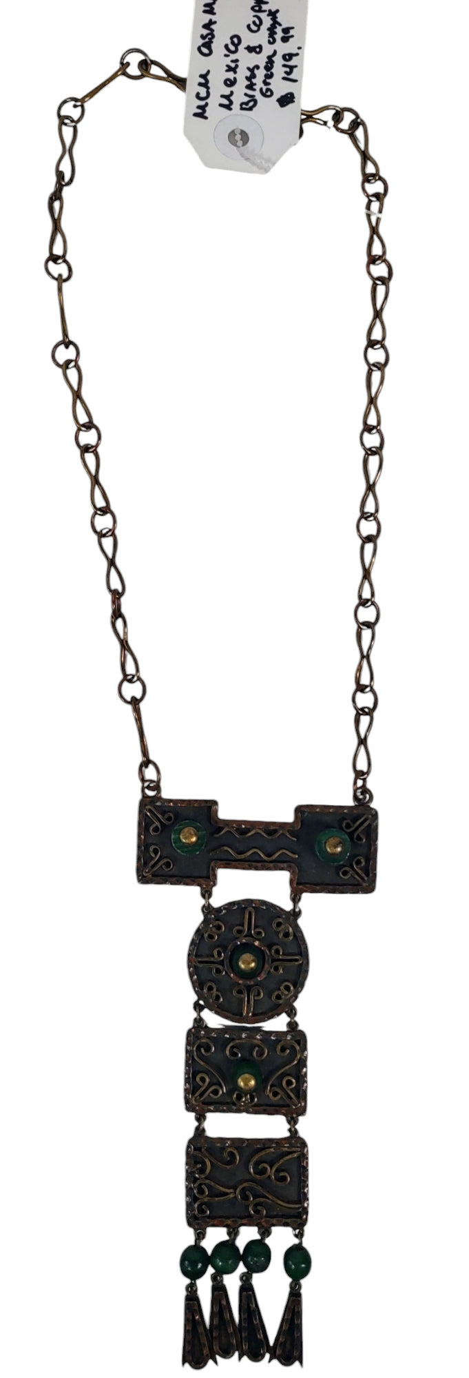 Vintage Casa Maya Mexico Brass & Copper Necklace, Green Onyx - Circa 1960s