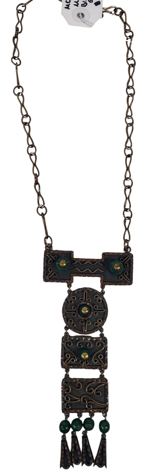 Collier vintage en laiton et cuivre Casa Maya Mexico, onyx vert - Vers les années 1960