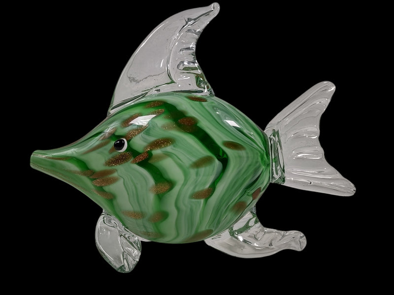 Murano, Glass Fish Sculpture, Hand Blown, Green Sommerso & Copper Spots