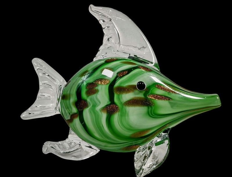 Murano, Glass Fish Sculpture, Hand Blown, Green Sommerso & Copper Spots