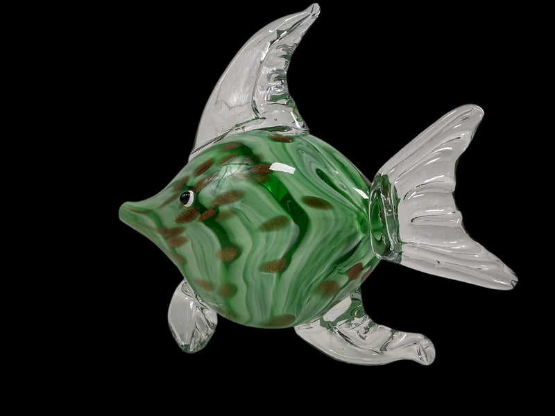 Murano, Glass Fish Sculpture, Hand Blown, Green Sommerso & Copper Spots