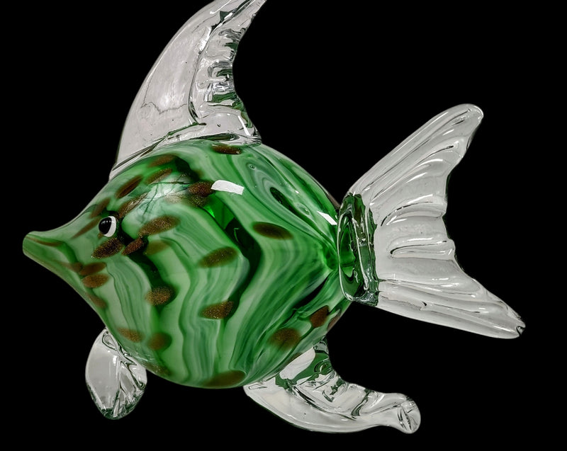 Murano, Glass Fish Sculpture, Hand Blown, Green Sommerso & Copper Spots