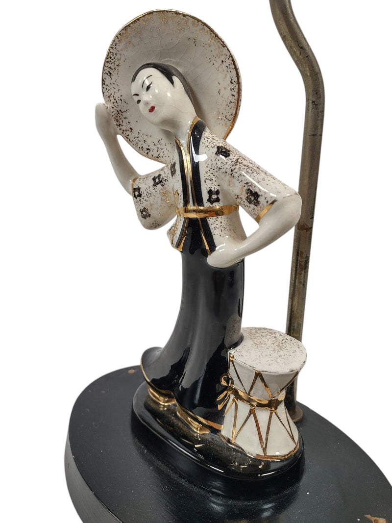 Lampe de table japonaise, figurine en porcelaine de femme, base en bois