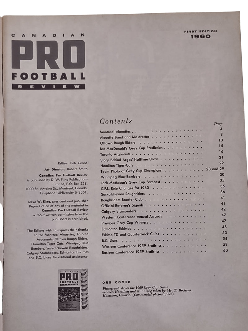 Canadian Pro Football Review, 1960, First Edition