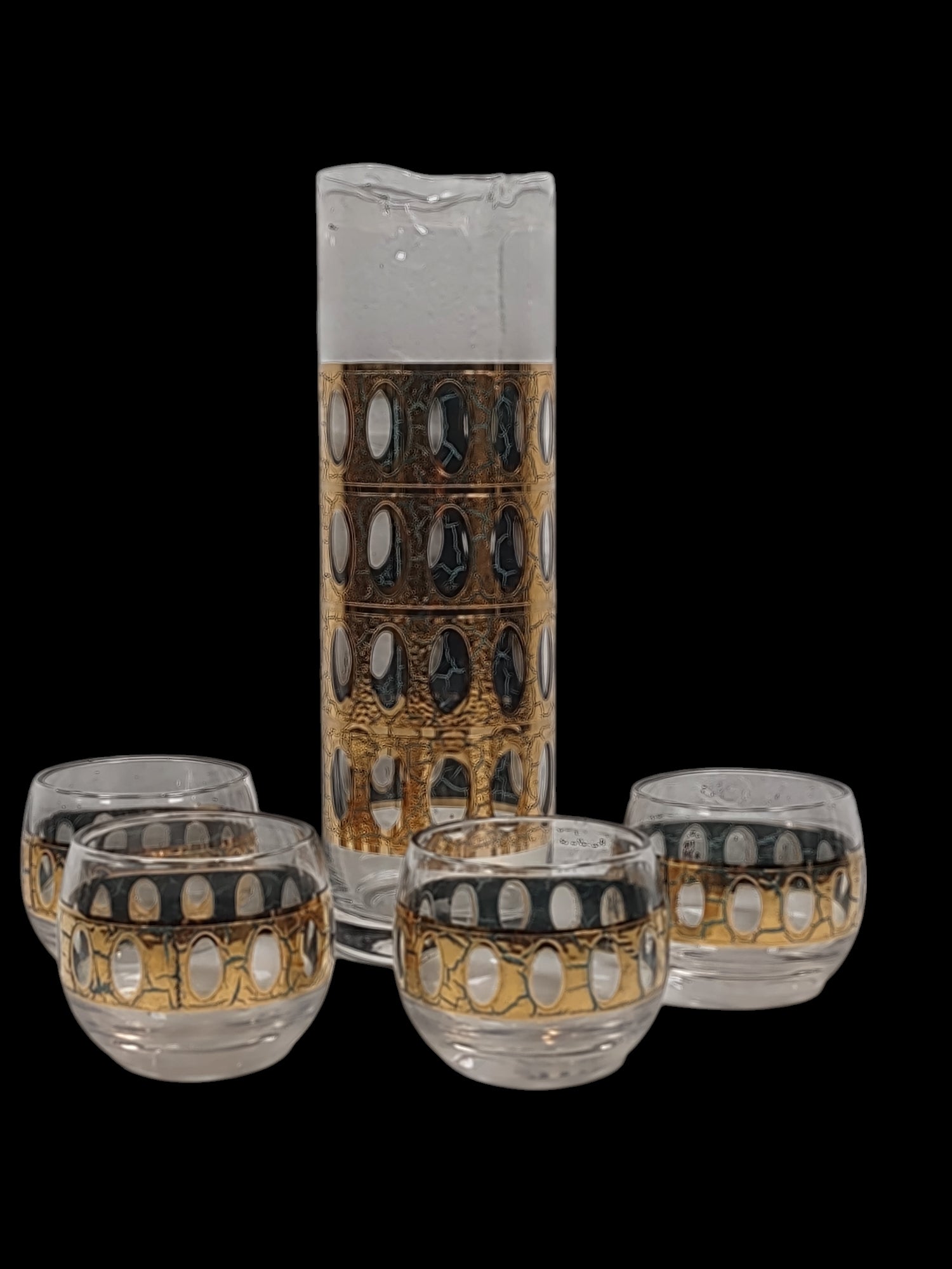 Lot de 5 pichets et 4 verres à liqueur vintage Culver Pisa, bordure en or 22 carats