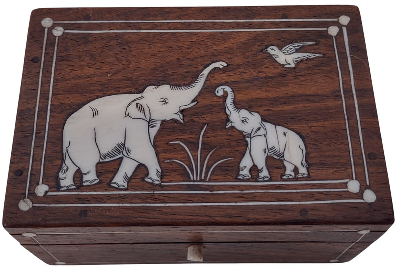 Exotic Antique 1920s Rosewood Trinket Box, Palms Elephants Inlay