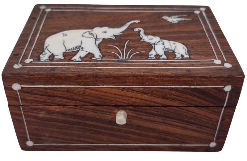 Exotic Antique 1920s Rosewood Trinket Box, Palms Elephants Inlay