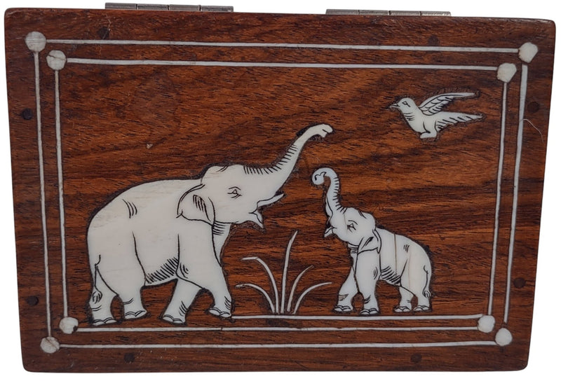 Exotic Antique 1920s Rosewood Trinket Box, Palms Elephants Inlay