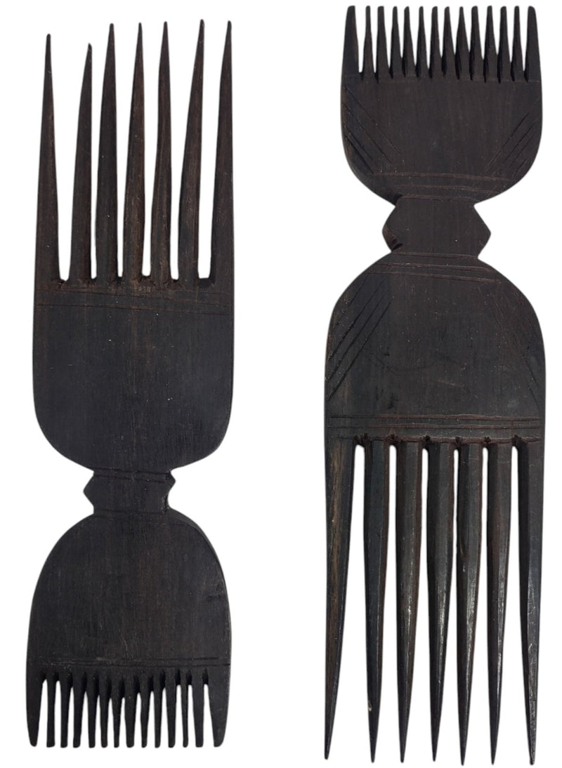 Lot de 2 peignes à cheveux doubles en bois sculpté swahili africain ancien